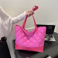 Magenta quilted tote bag with diamond lattice pattern and durable top handles - Rose Pink