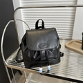 Minimalist black PU leather backpack featuring drawstring closure and bead details - Black