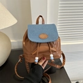 Mini backpack in brown leather and blue denim patchwork with stylish drawstring detail - Brown & Blue