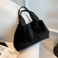 Faux fur black plush tote bag with soft pom-pom charm and durable canvas handles - Black