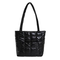 Glossy black quilted puffer tote bag with high-shine finish and long shoulder straps - Black