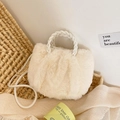 Borsa a mano in peluche color crema con manico intrecciato e tracolla sottile - Bianco Sporco