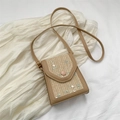 Floral embroidery straw crossbody phone bag with light brown PU trim and pink button - Khaki