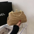 Handgemaakte beige geweven strooien handtas met gouden metalen handvat en ketting - Khaki