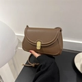 Vintage dark brown leather saddle bag with gold metal clasp shown in a handheld view - Brown