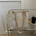 Grande borsa shopper in paglia intrecciata beige con finiture in pelle e tracolla - Cachi