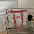 Borsa tote in paglia intrecciata beige con finiture in pelle rosa e catena - Rosa Rosso