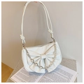 White shoulder bag featuring oversized bow design and pearl flower chain strap - White