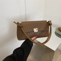 Brown quilted PU leather baguette bag with gold metal buckle and knotted shoulder strap - Brown