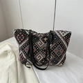 Grand sac cabas en toile à motifs géométriques ethniques avec des anses en cuir noir - Noir