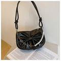 Chic black underarm bag with bow pleats and pearl chain strap for women - Black