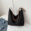 Grande borsa tote in tela nera con spalline marroni regolabili da donna elegante - Nero