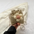 Mini Stroh-Beuteltasche mit gelber Blumenverzierung und Kordelzug aus Baumwollseil - Khaki
