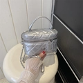 Silver quilted box bag with metallic camellia charm and chain strap crossbody style - Large / Silver