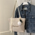 Woven straw tote bag with Summer embroidery and cream leather handles for women - With Pendant / Off White