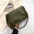 Olive green faux leather tote bag with glossy finish and chain strap for women - Green