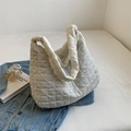 Chic white quilted tote bag with padded rhombus pattern and soft wide shoulder strap - White