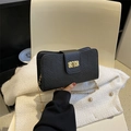 Classic black litchi pattern crossbody bag with vintage gold metal lock and chain - Black
