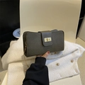 Dark green lychee texture small square bag with gold chain strap on white jacket - Gray
