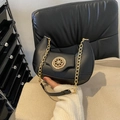 Chic black crescent handbag with vintage gold rudder buckle and chain strap - Black