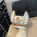 White semi-circle leather underarm bag with gold chain and circular metal clasp - White