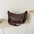 Deep brown crescent hobo bag with a fashion tag and wide nylon crossbody strap - Coffee (No Pendant)