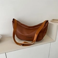 Caramel brown crescent bag in soft faux leather with wide orange textile shoulder strap - Brown (Without Pendant)