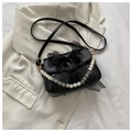 Chic black crossbody bag with organza bow, pearl bead chain and leather strap - Black