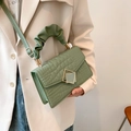Avocado green faux crocodile texture handbag with trendy ruched handle and gold clasp - Green