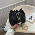 Sparkling black rhinestone bucket bag with pearl drawstring and silver chain strap - Black