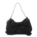 Retro black lace handbag with large satin bow and white pearl handle for women - Black