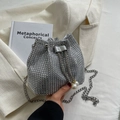 Elegant silver rhinestone bucket bag with pearl drawstring and metal chain strap - Silver