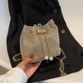 Chic bucket bag in golden rhinestones with metal chain and pearl drawstring charms - Gold