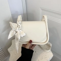 Mini cream PU leather crossbody bag with decorative checkerboard silk scarf handle - Off White