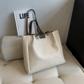 Minimalist cream leather tote bag with brown straps and silver metal rings for women - White and Coffee