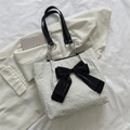 White pleated tote bag with large black satin bow and chain leather shoulder strap - White