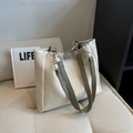 Cream white large tote bag with dark grey straps and silver metal ring hardware - White & Green