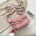 Pink tweed crossbody bag with floral wide shoulder strap and gold chain accents - Pink