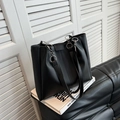 Large capacity black matte leather tote bag with silver metal rings and long shoulder straps - Black