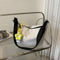Minimalist beige nylon messenger bag with wide black strap and sunflower charm - White (With Yellow Flower Pendant)