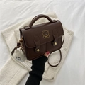 Retro dark brown crossbody bag with gold bear print and plush charm on white knit fabric - Coffee (With Bear Pendant)