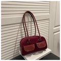 Close-up of retro burgundy shoulder bag featuring dual patent leather pockets and velvet texture - Red (No Pendant)