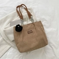 Brown quilted tote bag with chain strap and fluffy pompom charm in casual layout - Khaki (Without Charm)