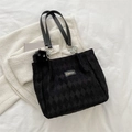 Black velvet tote bag with quilted diamond pattern and plush ball charm detail - Black (Without Charm)