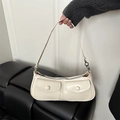 French vintage off-white baguette bag with dual pockets and sleek metallic chain detail - White