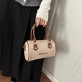 Vintage beige suede Boston bag with brown leather handles and brand embroidery - Off White