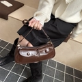 French vintage dark brown glossy patent leather baguette bag with double front pockets - Coffee