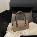 Beige suede Boston handbag with dark brown leather straps and gold metal hardware - Khaki