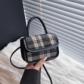 Mini black and white tweed plaid crossbody bag with leather trim and round top handle - Black