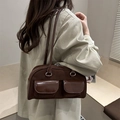 Retro deep brown baguette shoulder bag in matte suede and glossy leather patchwork - No Pendant / Brown